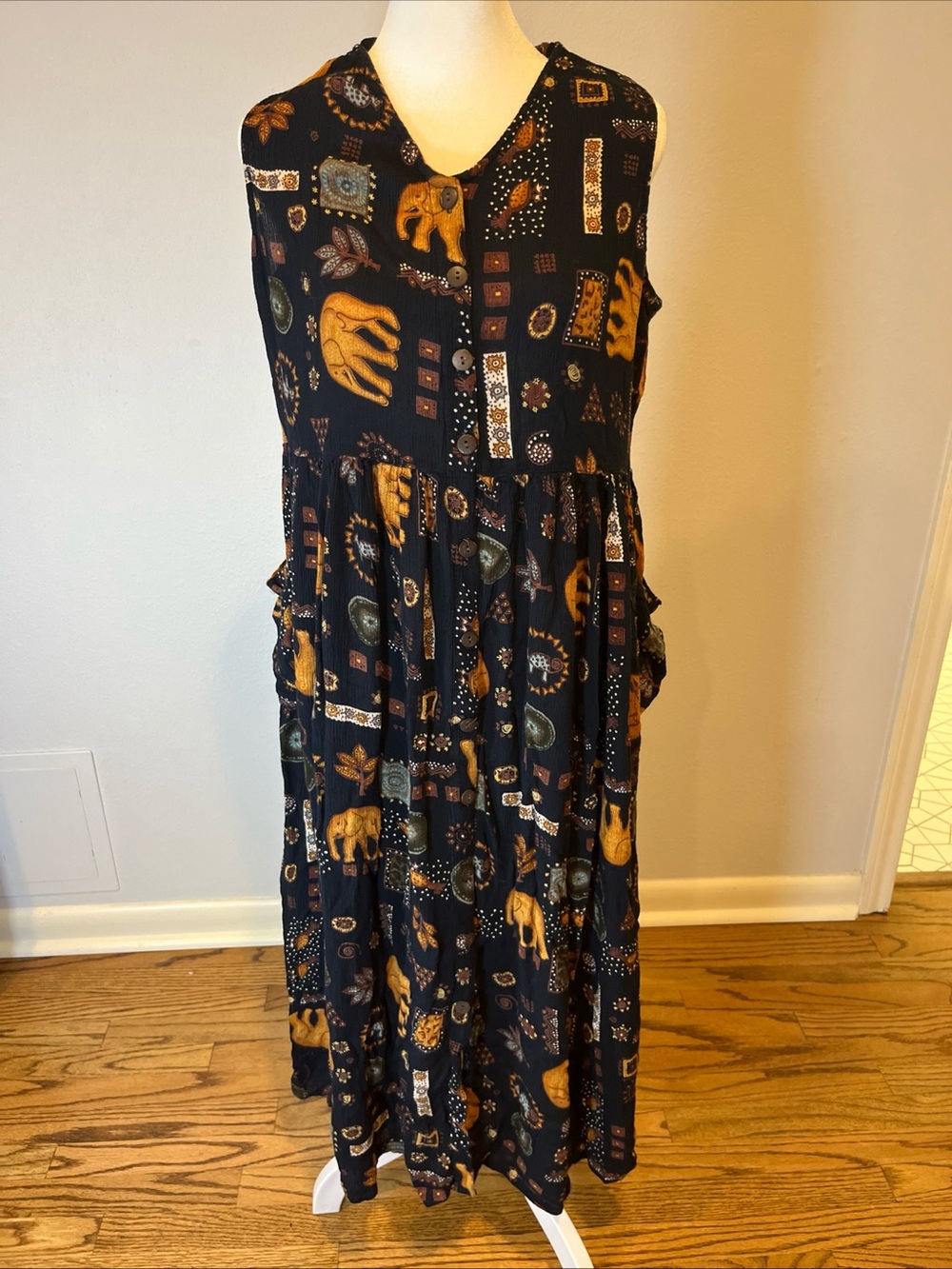 Btg Bila Midi Dress Womens L Boho Hippie Elephants Button Front Sleeveless Baggy - Picture 1 of 12
